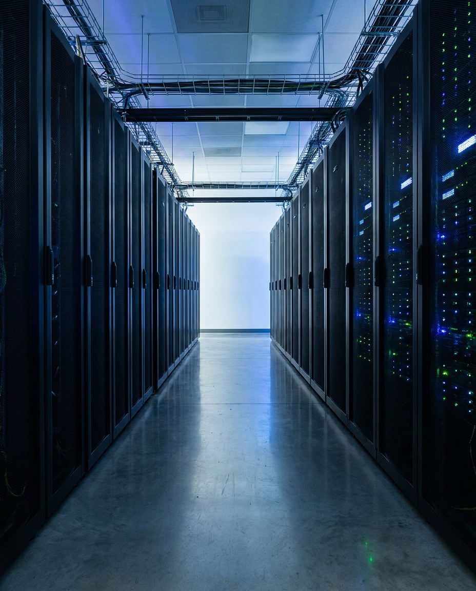An aisle of server racks in a data center