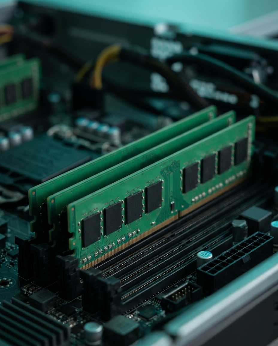 Server memory modules installed on a motherboard